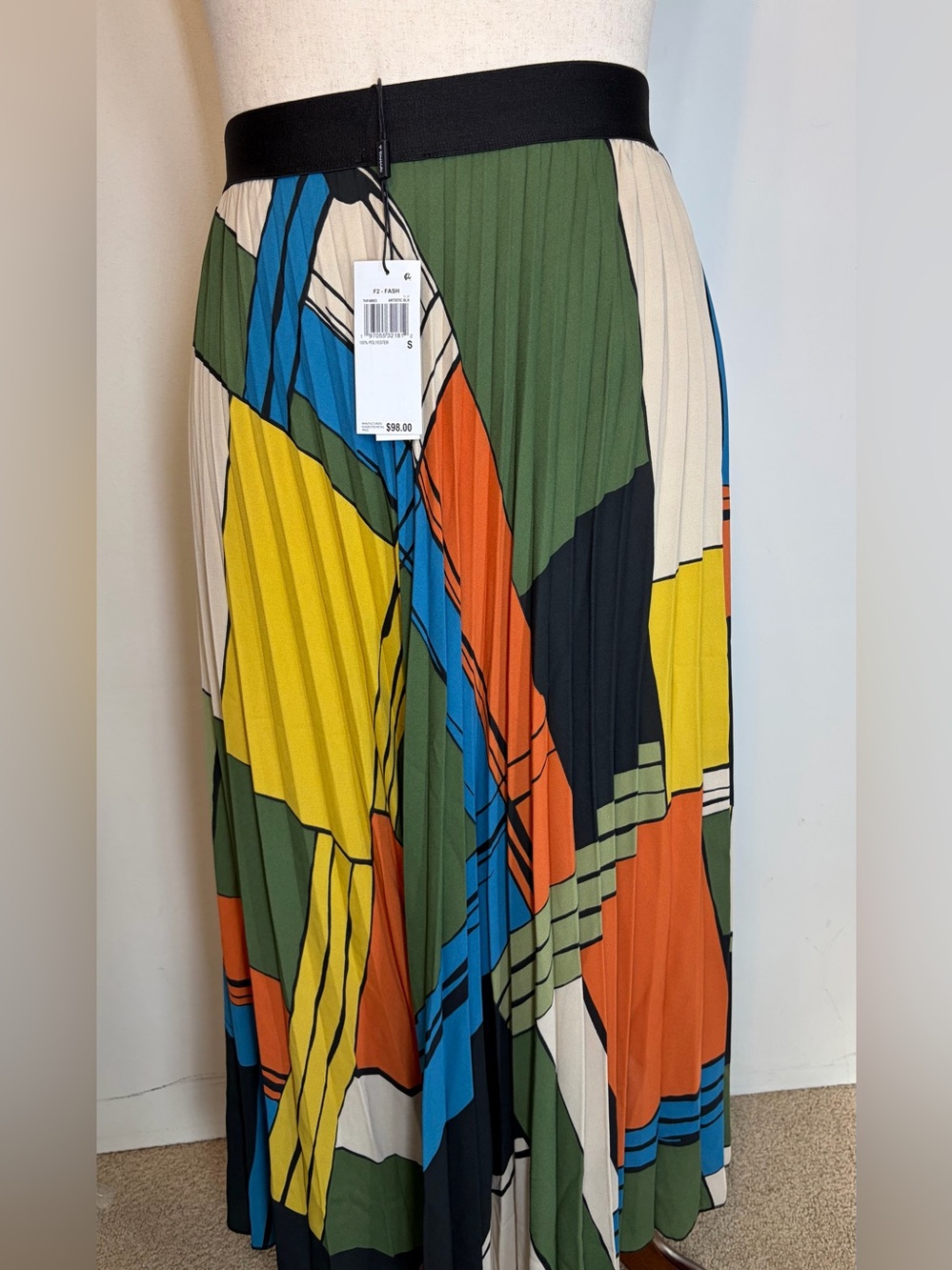 Small Tahari Abstract Pleated Maxi Skirt Black/Green/Orange/Blue S
